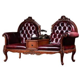 美式实木贵妃椅真皮休闲椅洽谈椅双人座桌椅组合美人榻靠背沙发椅