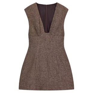 ZA外贸出口女装新款纯欲辣妹风秋冬深V领毛短连衣裙9869625