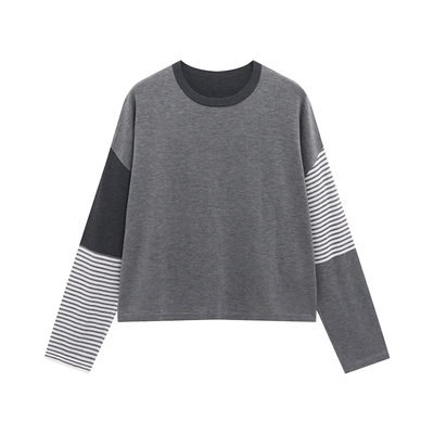 Basic House/百家好绵羊毛拼接撞色针织衫秋冬打底衫长袖上衣女