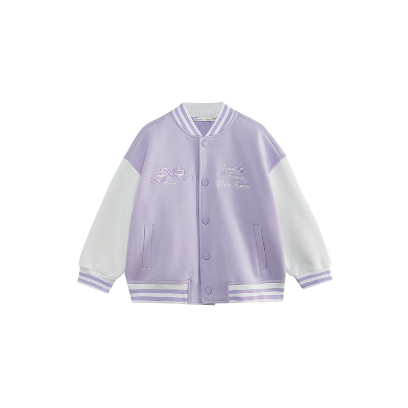 茵曼童装女童棒球服V领设计2024冬季中大童蝴蝶刺绣加绒保暖外套