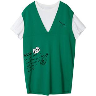 URLAZH有兰夏季新款U等等猫咪绣花宽松减龄两件套针织背心连衣裙