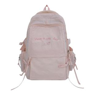 ins风纯色双肩包蝴蝶结初中女生高中大学生书包女旅游轻便小背包