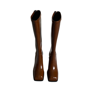 莲花府邸原创冬季不过膝长筒靴方头粗跟时尚防水台瘦瘦靴百搭简约