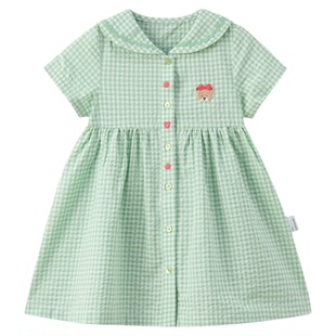 PawinPaw卡通小熊童装春夏女宝宝花边翻领简洁格纹连衣裙