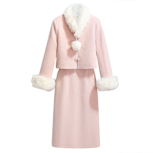 小香风富家千金粉色羽绒内胆外套半身裙女2025冬装新款爆款两件套