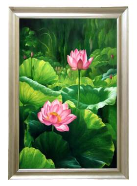 手绘荷花油画中式玄关过道装饰画