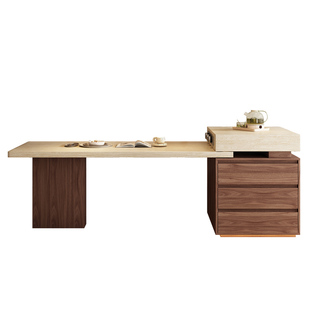 中古风胡桃木色岛台餐桌一体家用可伸缩小户型倒洞石高端岩板导台