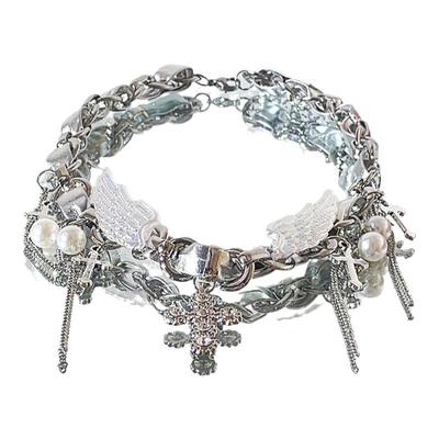 甜酷银色皮革翅膀十字架项链女