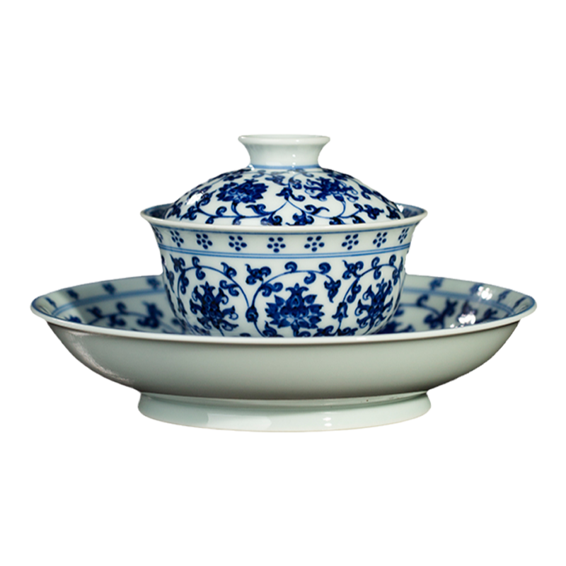 三勤堂手绘青花缠枝莲茶托
