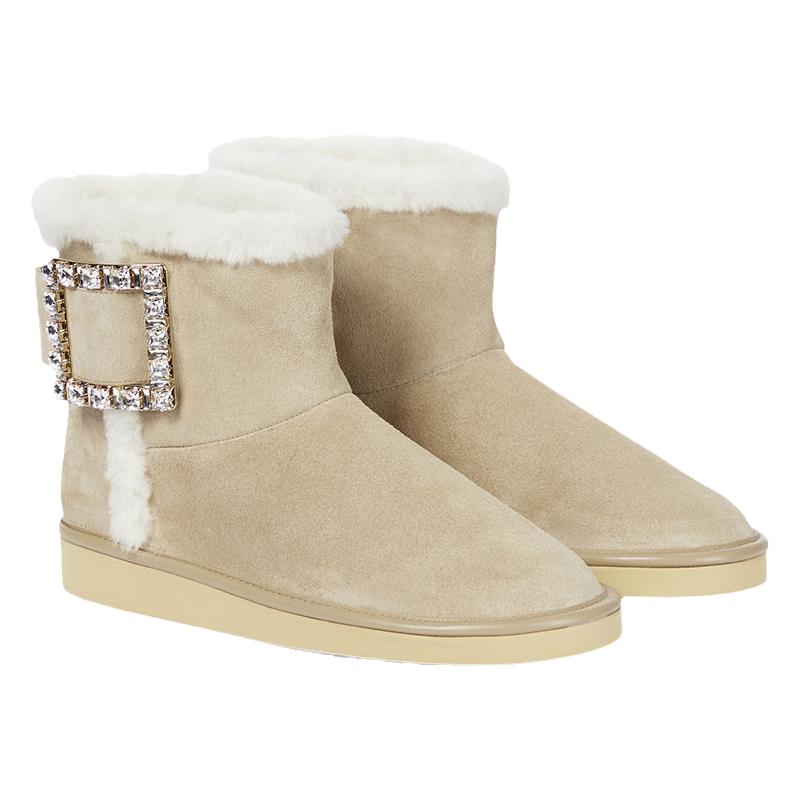 Roger Vivier/罗杰·维维亚女士米色水晶方扣时尚绒面雪地靴踝靴