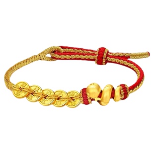 老庙黄金足金手链五帝钱币本命年卷卷蛇红绳送女友七夕蛇年礼物