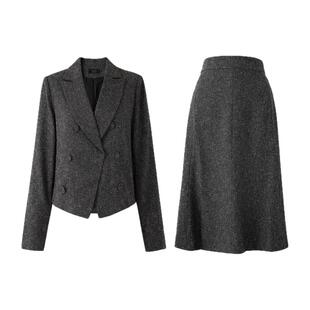 春秋新款女款修身翻领西装半裙套装鱼尾裙宽松雪花呢显瘦通勤爆款