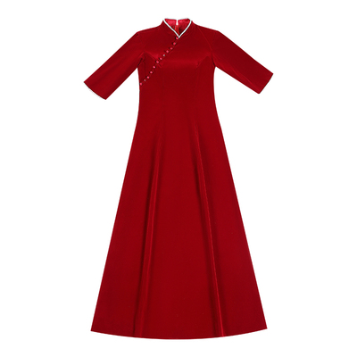 大码胖mm酒红色晚宴年会女冬礼服