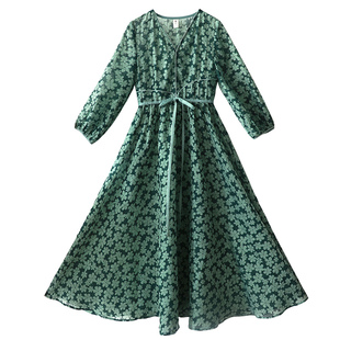 5折【清宁时光】天丝连衣裙女夏季碎花裙新款绿色长裙设计感裙子