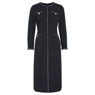 马天奴2025冬季新款小香风黑色花边圆领收腰连衣裙子法式气质时尚