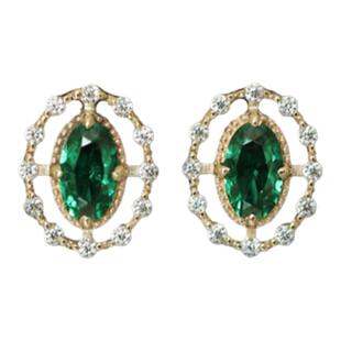 Rebom绿野仙踪18K金祖母绿耳钉女法式复古宫廷风宝石耳环黄金纯银