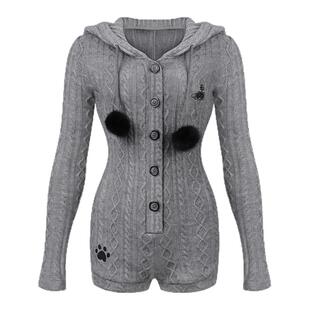 少女椰子【日常系】绒灰小猫 春季灰色显瘦收腰针织连体衣连衣裙