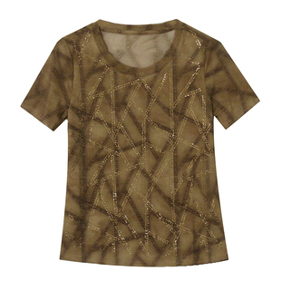 欧洲站网纱t恤女圆领烫钻上衣时尚洋气2026新款短袖夏装修身显瘦