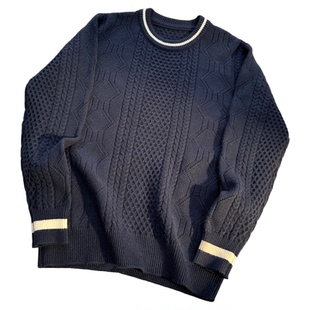 英伦复古麻绳嵌花衣服男款保暖圆领针织衫时尚拼色修身毛衣男冬季