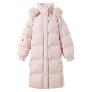 三彩2025冬季新款立领羽绒服狐狸毛领长款白鹅绒外套被子服休闲女