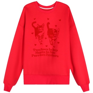 落落狷介红色加绒印花卫衣女秋冬款宽松上衣圆领套头oversize外套