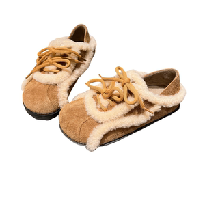 欧货真皮大头羊羔毛毛鞋系带大头加绒棉瓢鞋平底鞋豆豆鞋两穿女鞋