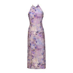 枕梦村庄 迷蝶香 复古国风新中式挂脖显瘦开叉改良旗袍花色连衣裙