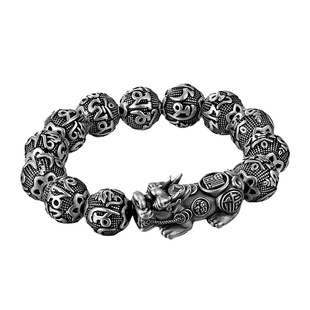 S999足银国潮貔貅纯银手链男个性潮流圆珠佛珠手串男首饰手工做旧