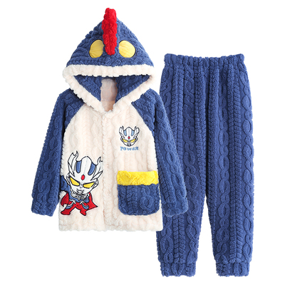 秋冬新款珊瑚绒儿童睡衣男童卡通奥特曼法兰绒加绒加厚法兰绒套装