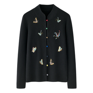 阿绒源中国红刺绣羊绒女开衫鄂尔多斯市半开领彩扣短款名族风外套