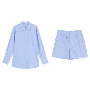 NEVA HU  蓝色条纹衬衫宽松简约休闲长袖衬衣+阔腿休闲短裤套装女