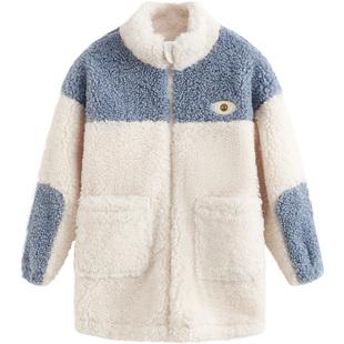 euv 女童加绒外套秋冬款加厚男童羊羔绒中长款儿童冬装风衣中大童