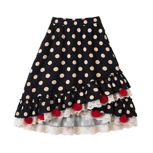 pinkwink小星夜 复古秋冬新品荷叶边波点显瘦不规则毛球半身裙女