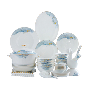 轻奢碗碟餐具套装60头家用整套金边餐具套餐婚乔迁新居礼物餐具