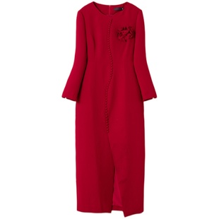 公司年会晚礼服女2024秋冬新款高级感酒红色大码胖mm礼服裙敬酒服