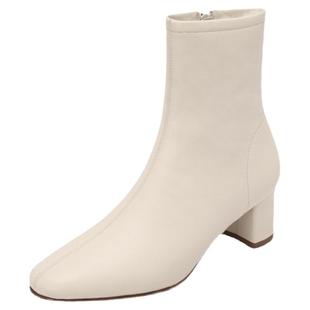 ins强推~巨舒服!韩国白色软皮羊毛瘦瘦短靴女加绒加厚中跟马丁靴