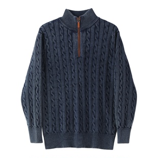 特价 麻花纹渐染水磨抗起球针织衫男冬季重磅纯棉半拉链立领毛衣