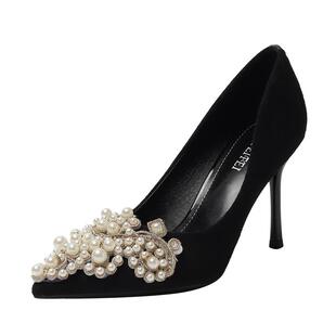 黑色高跟鞋女细跟设计感小众气质名媛珍珠女神范超高尖头单鞋浅口