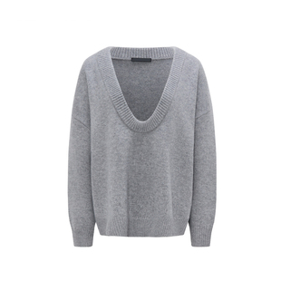 Puhpowee“100%绵羊毛面料”深U领宽松大毛衣简约纯色慵懒上衣女