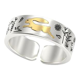 999纯银戒指定制花草点金兔子手工定制刻字刻图情侣对戒闺蜜礼物