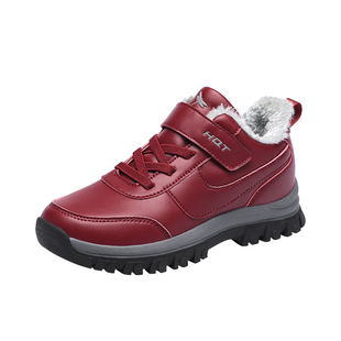 红蜻蜓新款冬季女皮面加绒保暖软面软底防滑耐磨棉鞋中老年妈妈鞋