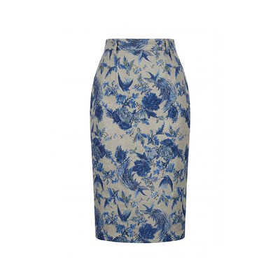 东方青花瓷纹高腰优雅复古商务约会铅笔裙