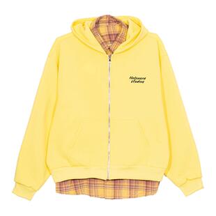 Holocene美式潮牌复古假两件连帽开衫卫衣秋季宽松简约风拉链外套