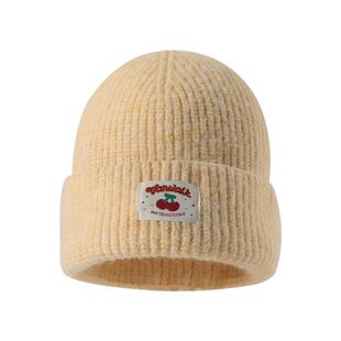 15mins可爱樱桃贴布针织帽女秋冬季保暖显脸小包头帽百搭毛线帽子