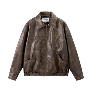 江南先生NewJNXS美式复古解构刺绣皮衣男女秋宽松翻领夹克外套潮