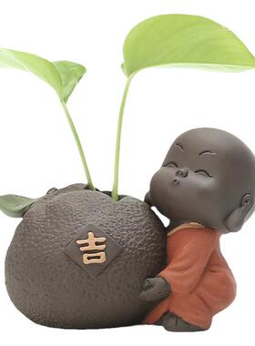 创意紫砂小和尚花器家居桌面摆件