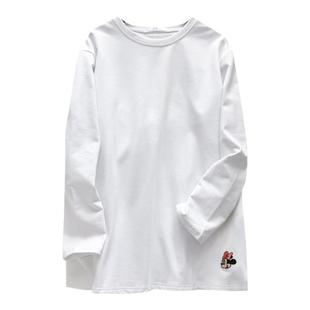 韩国纯棉白t恤女长袖中长款春秋内搭宽松下摆卡通刺绣磨毛打底衫