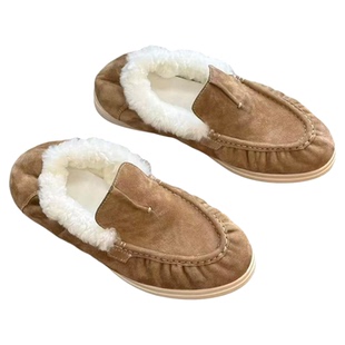 反绒皮乐福鞋女加绒保暖一脚蹬懒人皮毛一体毛毛鞋百搭豆豆鞋软底