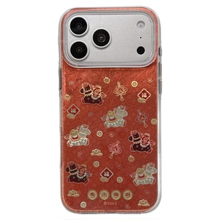 jze 新年喜庆鎏金福字金币小马带链条适用苹果17ProMax手机壳iphone15新款16pro女款13双层15pro防摔保护套14