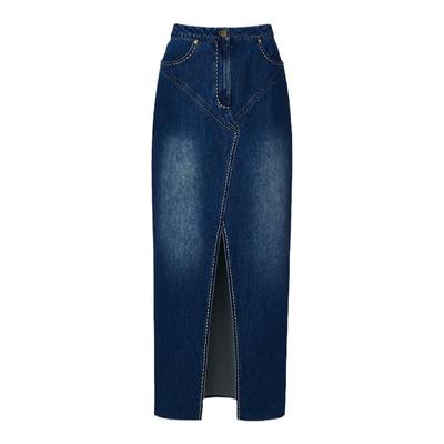 LEDIM WANG线迹牛仔开叉半裙女2024春秋新款纯棉不规则鱼尾牛仔裙